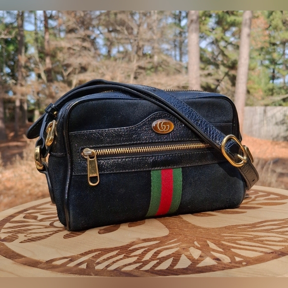 Gucci Handbags - Gucci Black Suede Patent Leather Web Mini Ophidia Shoulder Crossbody Bag